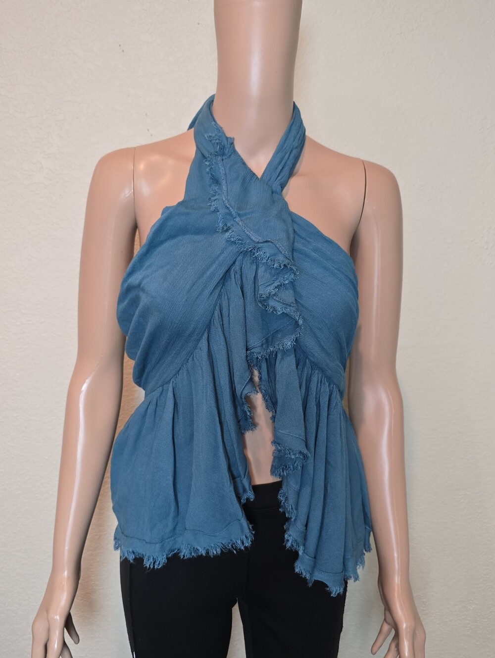Free People Boho chic Halter Teal Wrap Top Flowy Ruffled Festival Beach Size Xs - Picture 2 of 11